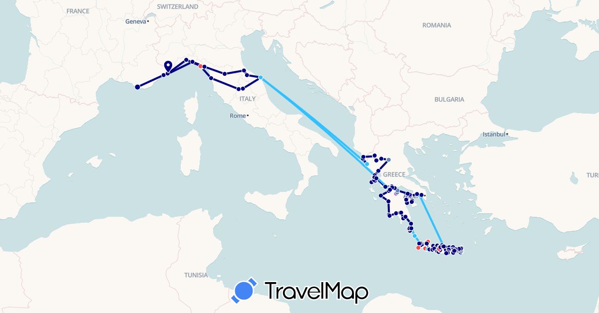 TravelMap itinerary: driving, cycling, train, hiking, boat in Albania, France, Greece, Italy, San Marino (Europe)